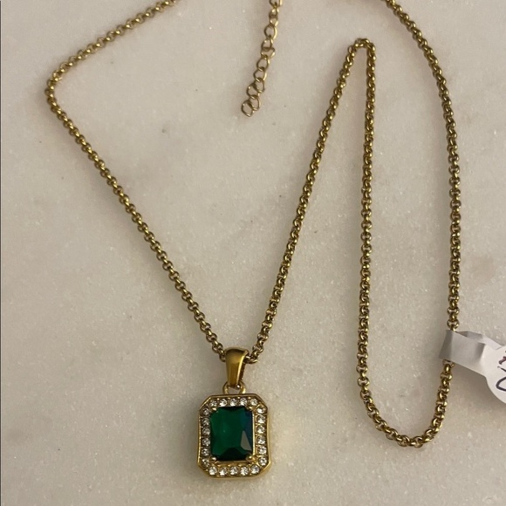 Elegant Stainless Steel Gold 16”-18” Necklace with Green Pendant